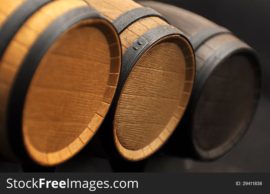 Closeup of three small wine barrels. Closeup of three small wine barrels