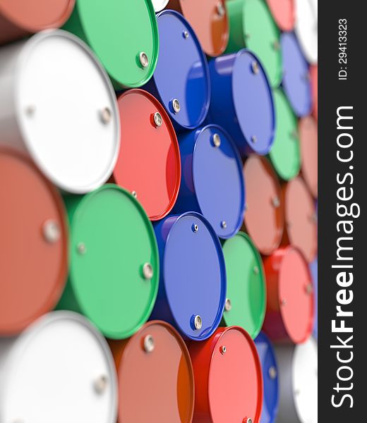 Colorfull Oil Barrels or Chemical Drums Stacked Up. Industrial Background with Selective Focus. Colorfull Oil Barrels or Chemical Drums Stacked Up. Industrial Background with Selective Focus.