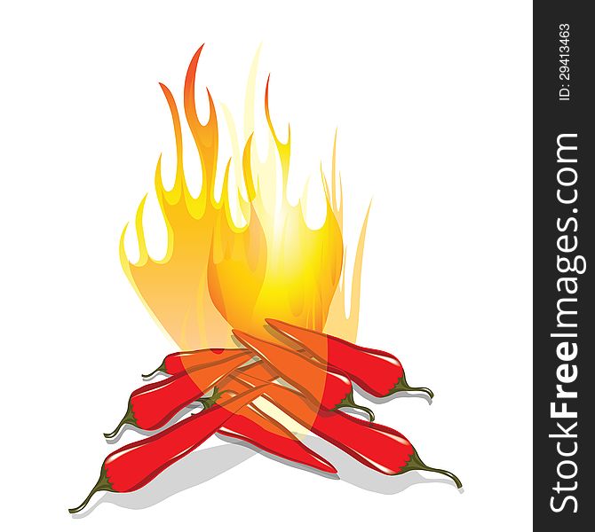 Hot chilli pepper in energy fire. Vector icon isolated on white background. Burning red chili symbol of mexican culture. Hot chilli pepper in energy fire. Vector icon isolated on white background. Burning red chili symbol of mexican culture.
