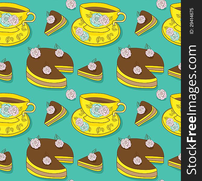 Vector seamless pattern with cups and cakes. Vector seamless pattern with cups and cakes