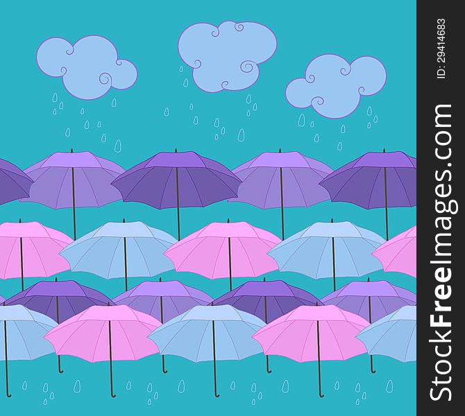 Vector seamless pattern with rain and umbrellas