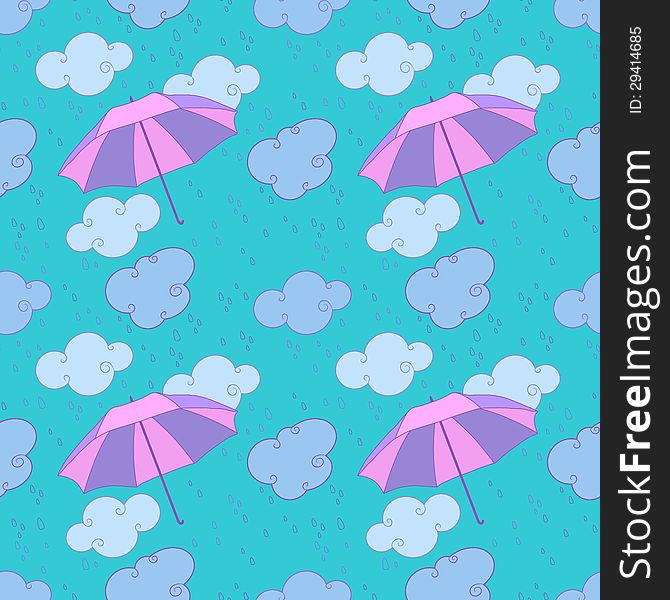 Vector seamless pattern with rain and umbrellas