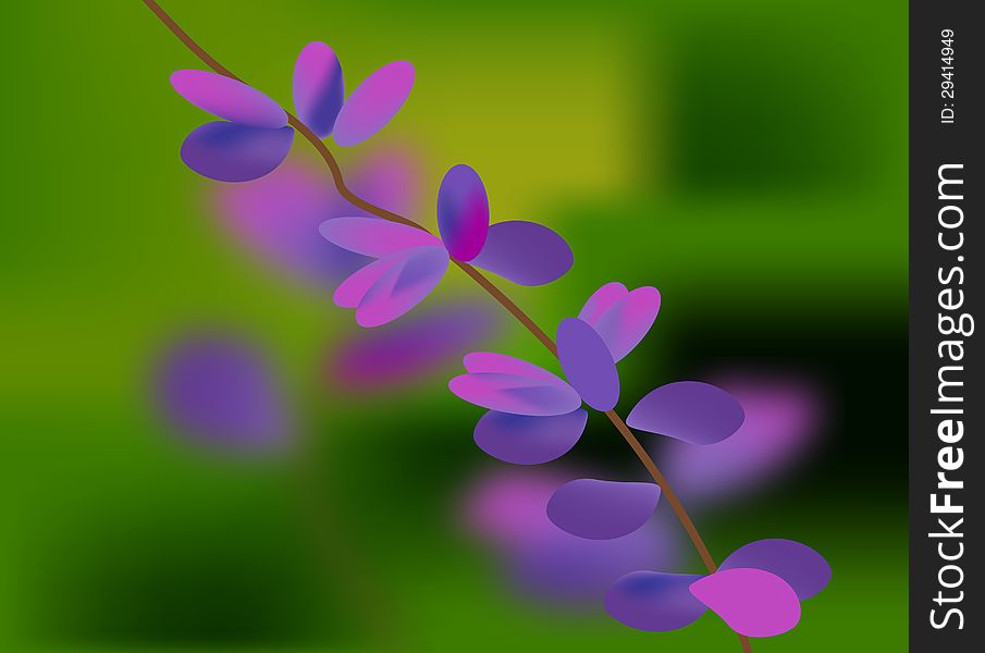 Branch of tree with purple lilac leaves on landscape blurred background. Branch of tree with purple lilac leaves on landscape blurred background