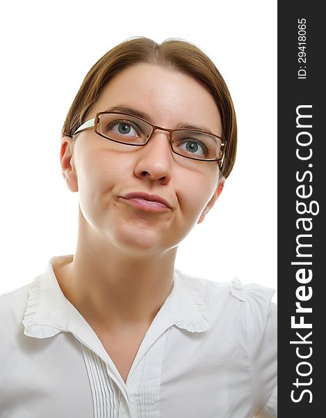 Portrait of a disappointed businesswoman isolated on white background. Portrait of a disappointed businesswoman isolated on white background