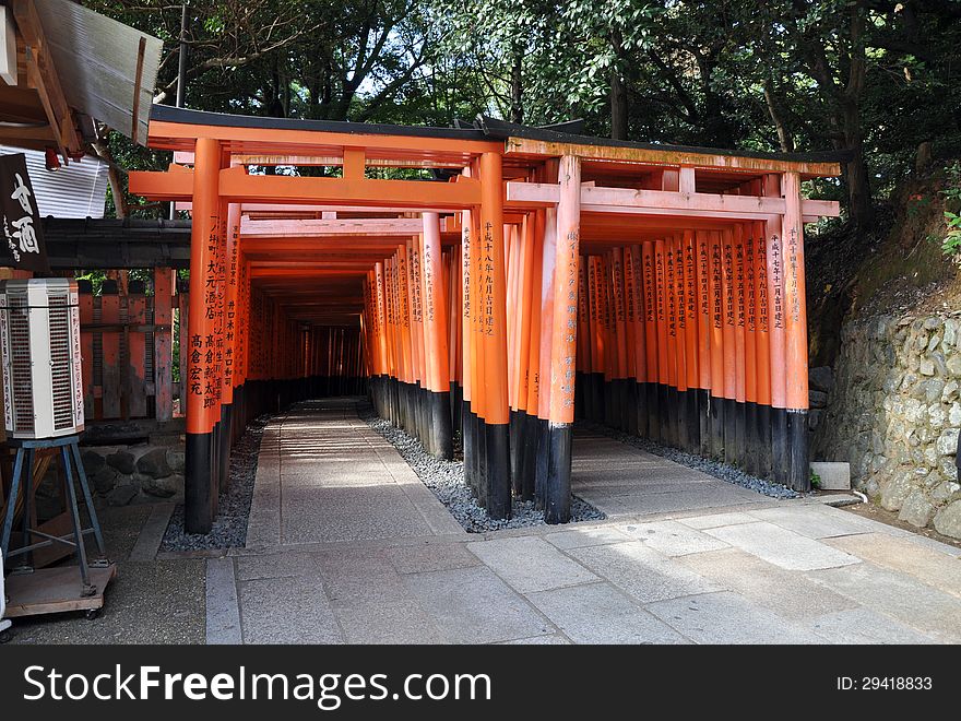 The Tori gates at Fushimi Inari Shrine in Kyoto, Japan.