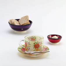Cup With Saucer And Bowl With Cookies Stock Image Cup With Saucer And Bowl With Cookies Stock Image