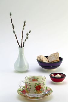 Tea Cup, Cookies, Chocolates And A Vase Stock Photos Tea Cup, Cookies, Chocolates And A Vase Stock Photos