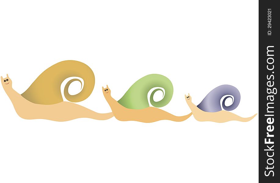Happy family of three different sized snails. Happy family of three different sized snails