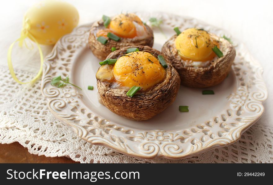 Fried mushrooms with eggs  (Easter table)