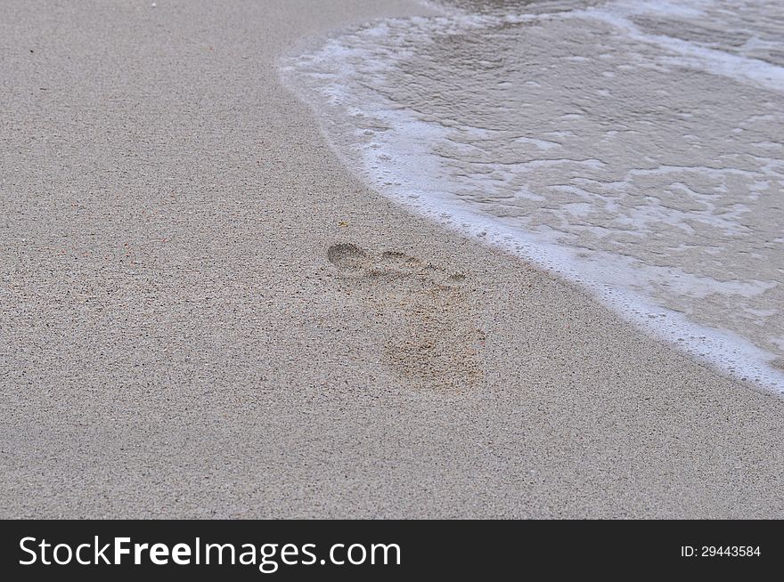 Human footprints on a beach leading into the sea. Human footprints on a beach leading into the sea