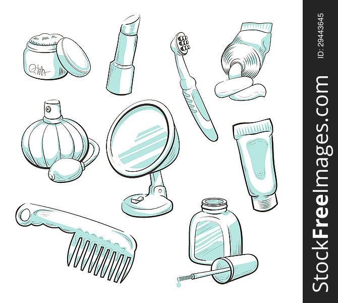 Set of cosmetic accessories. Hand-drawn. EPS 8