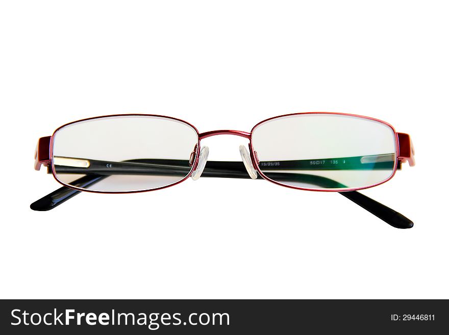 Reading glasses with green patch of reflected light isolated on a white background. Reading glasses with green patch of reflected light isolated on a white background