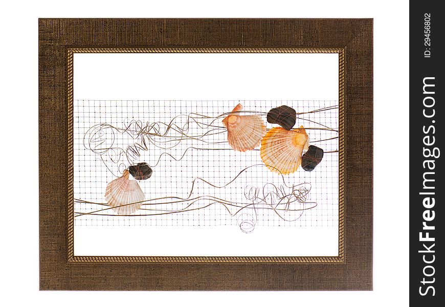 Decorative photo frame with abstract composition of shells, stones and wire isolated on white background