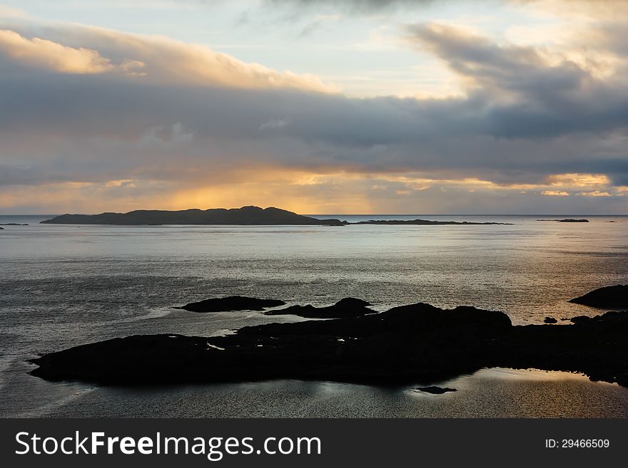 Islands in the light of the midsummer night for the coast of the Vesteralen, Nordland, Norway,