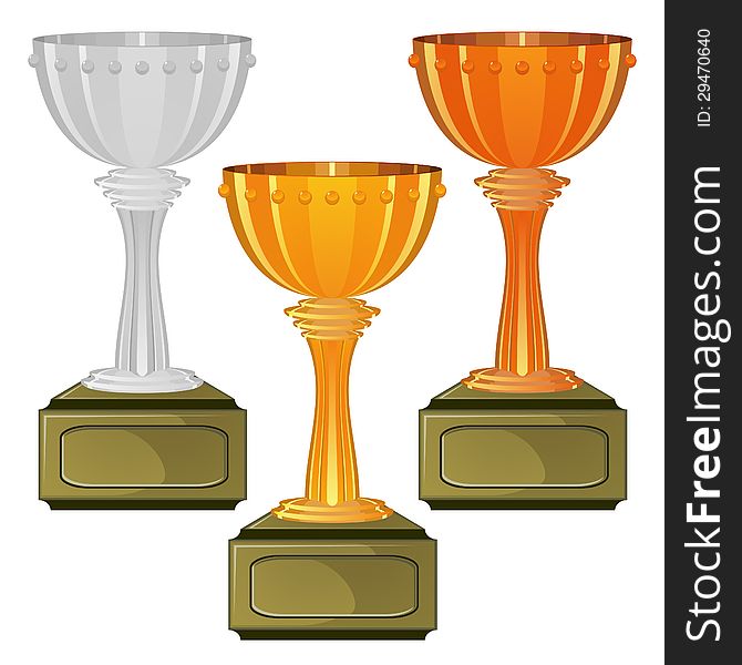 Three metal cups for marking winners of any contest. Three metal cups for marking winners of any contest