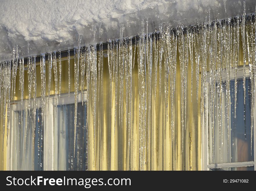 Dangerous icicles hanging from the eaves