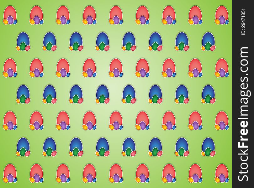 Background with colored Easter eggs spread out symmetrically on the green. Background with colored Easter eggs spread out symmetrically on the green