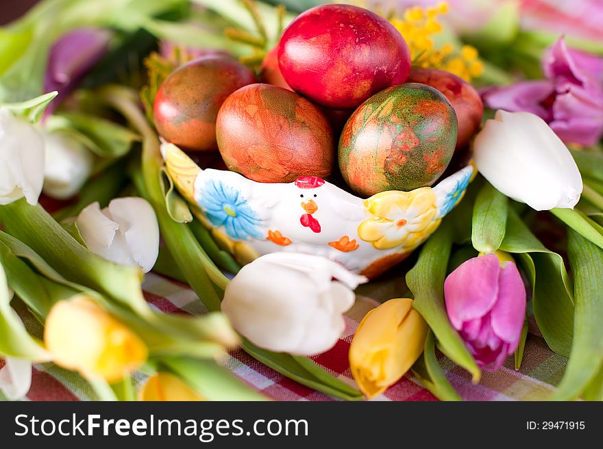 Easter eggs decoration and tulips