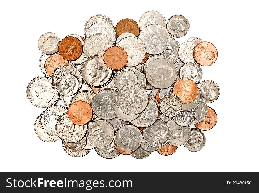 Overhead horizontal shot of shiny coins scattered in a pile and isolated on a white background. Overhead horizontal shot of shiny coins scattered in a pile and isolated on a white background.