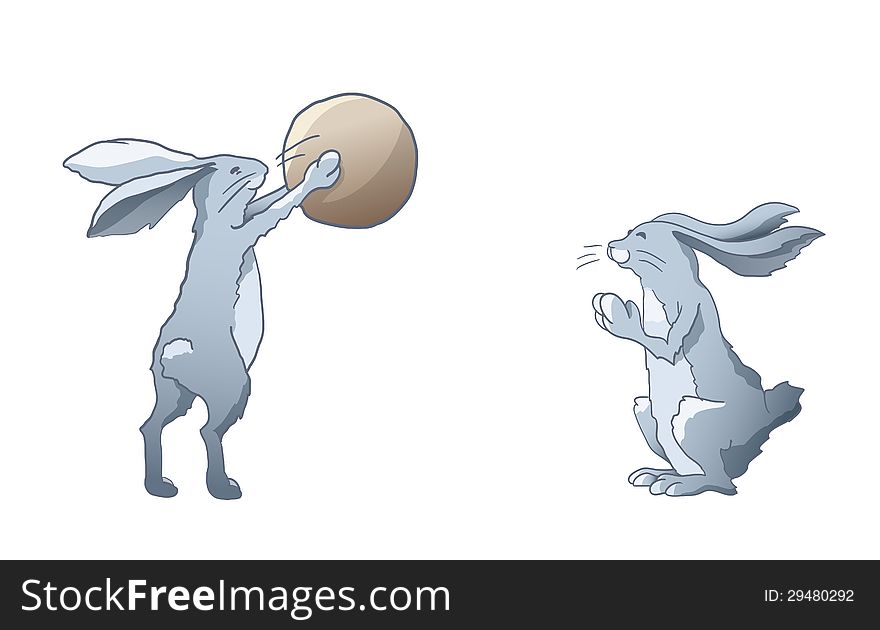 Two cartoon rabbits playing with the ball. Two cartoon rabbits playing with the ball