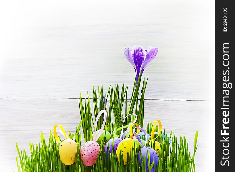 Art easter card with eggs, grass and spring flowers on wooden background for design or greating card. Art easter card with eggs, grass and spring flowers on wooden background for design or greating card