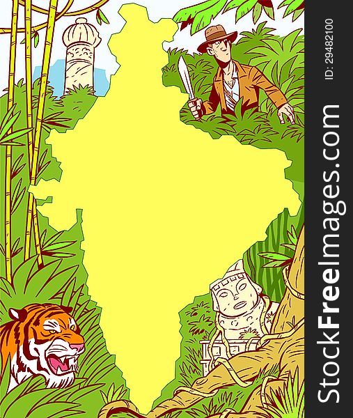 The illustration shows the African continent amid the jungle, ancient ruins, predatory animals and a white man with a machete. Illustration done with the use of clipping mask. The illustration shows the African continent amid the jungle, ancient ruins, predatory animals and a white man with a machete. Illustration done with the use of clipping mask.