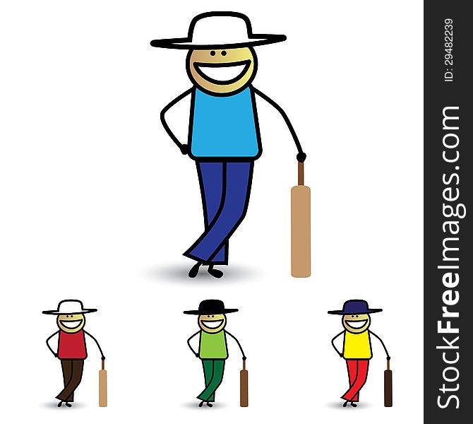 Illustration of young boy holding bat playing cricket game. The graphic shows children with bat enjoying their time and exercising for health at the same time