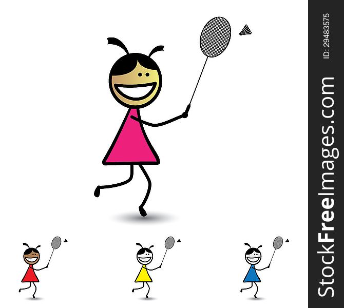 Illustration of young girls playing shuttle badminton game & having fun. The graphic shows children with racket and cock enjoying their time and exercising for health at the same time