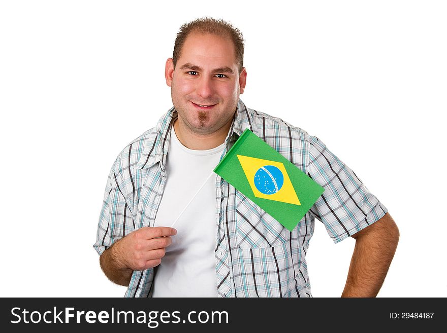 Man with Brazilian flag - studio isolated. Man with Brazilian flag - studio isolated