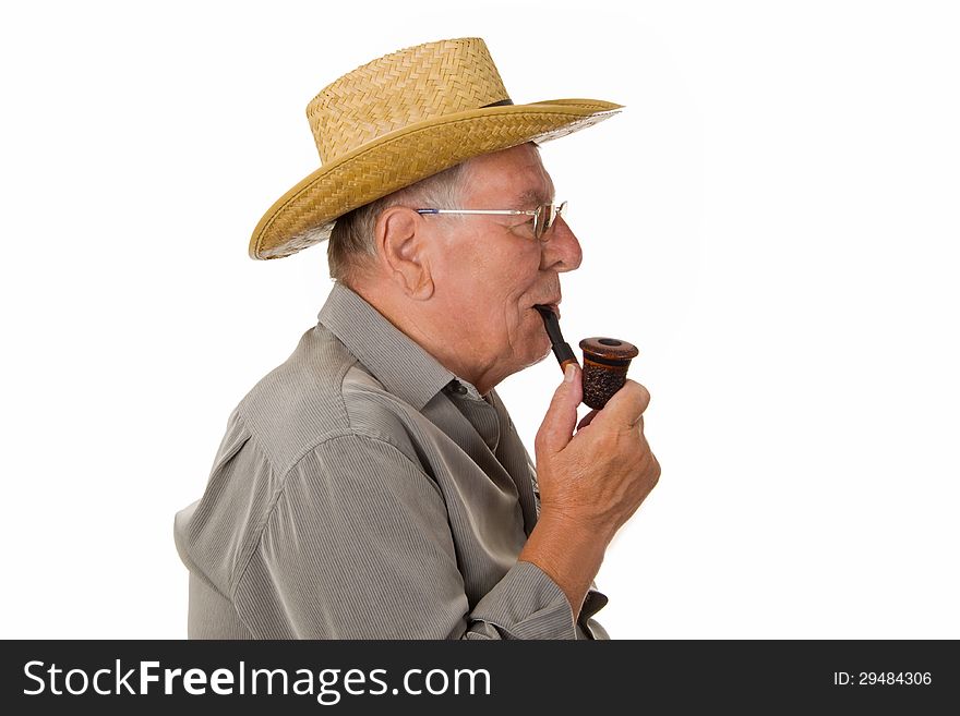 Old man with hat smoking pipe
