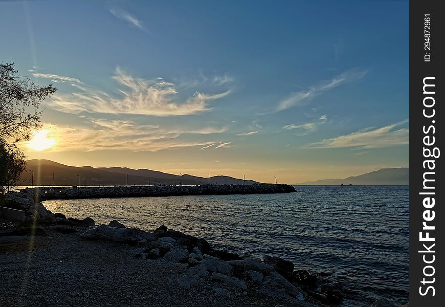 Alykes Beach At Sunset In Zakynthos, Greece