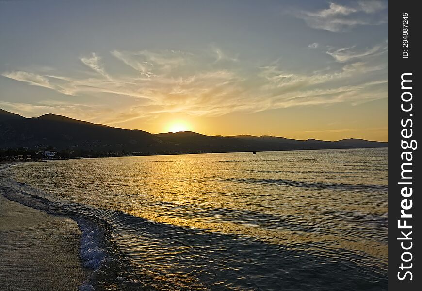 Sunset over Zakynthos island, Alykes Beach, Greece