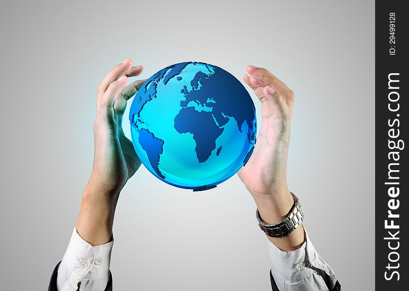 Business man holding a earth globe with two hands