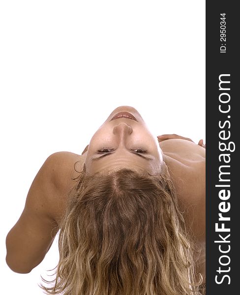 Blond woman bending over her back - isolated. Blond woman bending over her back - isolated
