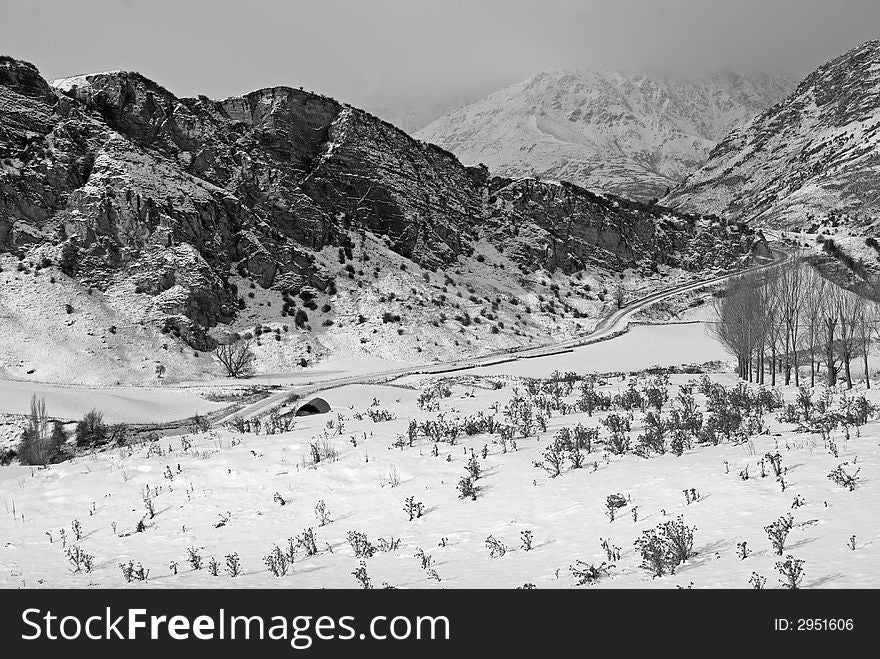 Monochrome image of snowy landscape of Queenstown. NZ. Monochrome image of snowy landscape of Queenstown. NZ