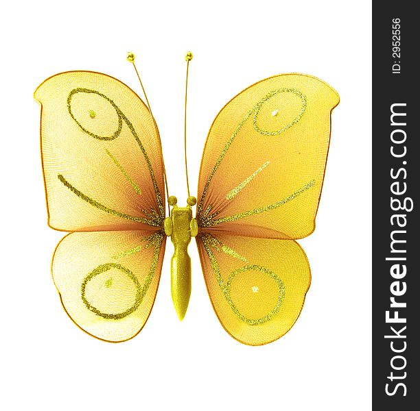 Artificial yellow butterfly on white background