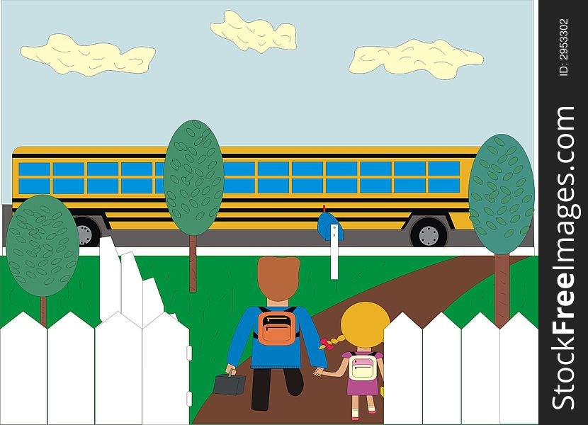 One more image of the school theme. Boy leads his junior sister to a schoolbus. One more image of the school theme. Boy leads his junior sister to a schoolbus.