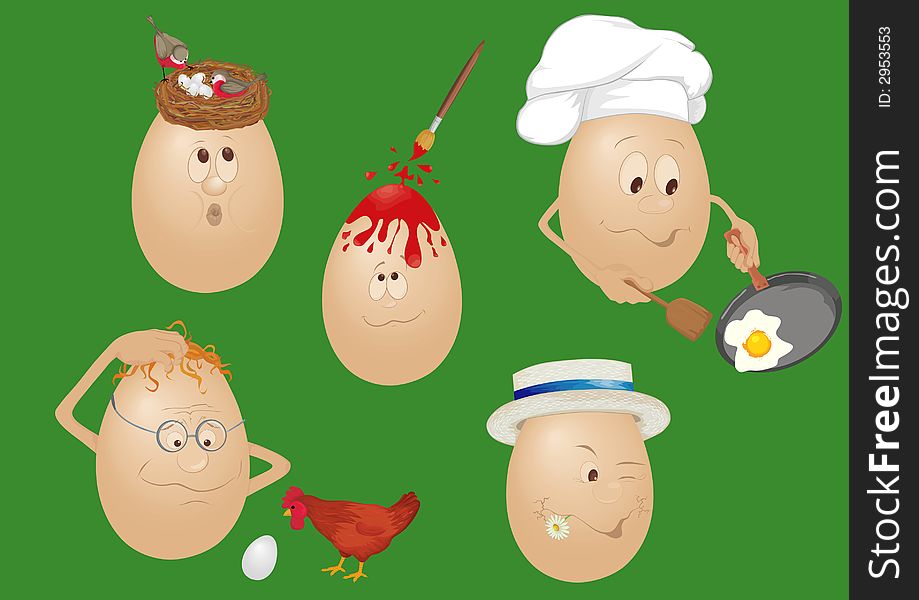 Five animated comic engages eggs.