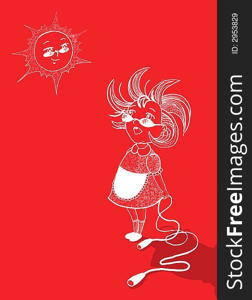 White contur on red background. Fun little girl with toy and the sun with the glasses. Sceth stile. White contur on red background. Fun little girl with toy and the sun with the glasses. Sceth stile.
