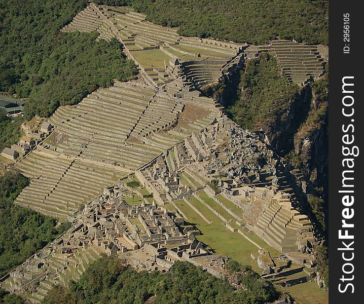 View on ruins of Machu Picchu from Waynapichu mountain. View on ruins of Machu Picchu from Waynapichu mountain