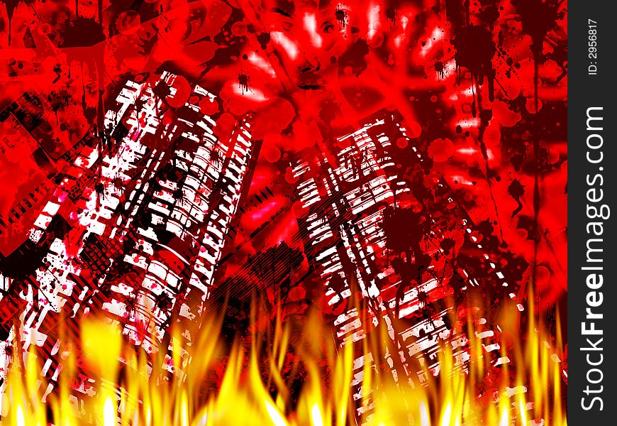 Grunge background with buildings and flames