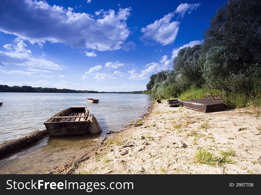 Boats at sunset on the Danube river. Boats at sunset on the Danube river