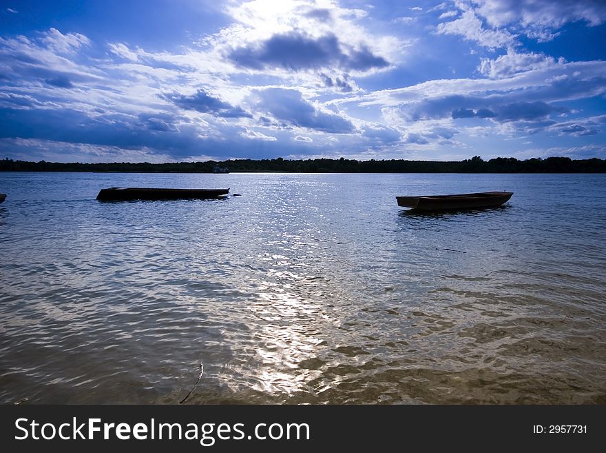 Boats at sunset on the Danube river. Boats at sunset on the Danube river