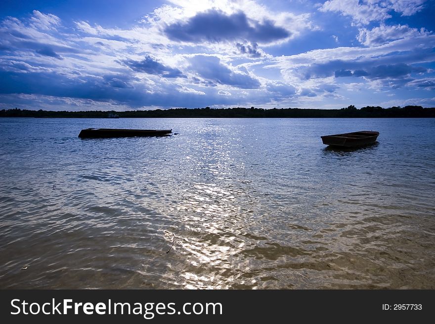 Boats at sunset on the Danube river. Boats at sunset on the Danube river