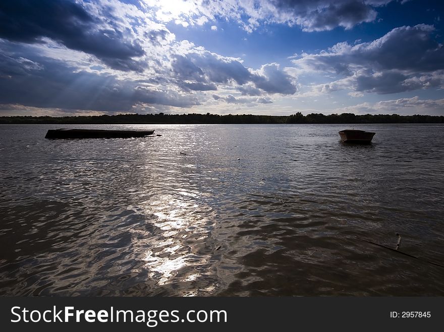 Boats at sunset on the Danube river. Boats at sunset on the Danube river