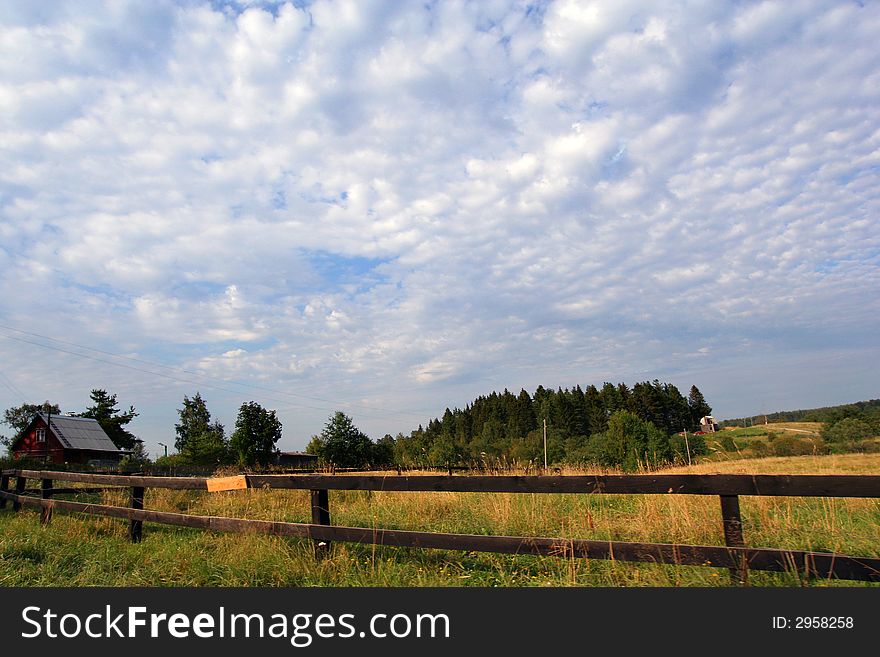 Rural landscape with the lop-sided wooden fence. Behind a fence a meadow with the cow and a small house