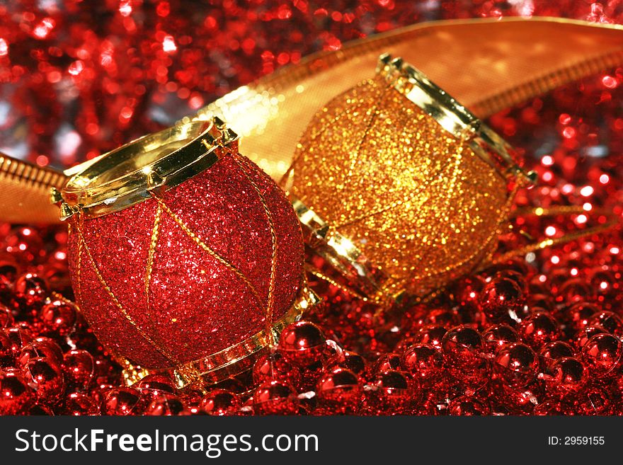 Christmas decoration drum over red background