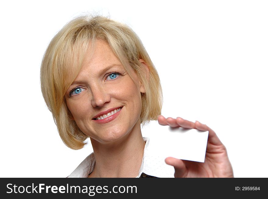 Businesswoman presenting her card with white background