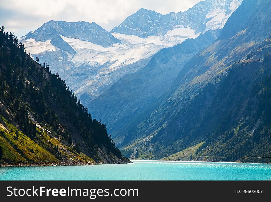 Autumn Austrian Alps mountain lake Schlegeisstausee