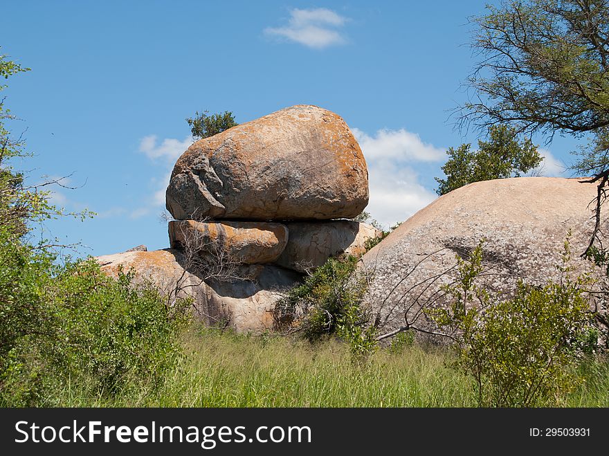 Large rocks rest on top of each other, in the Kruger National Park, Mpumalanga, South Africa. Large rocks rest on top of each other, in the Kruger National Park, Mpumalanga, South Africa.